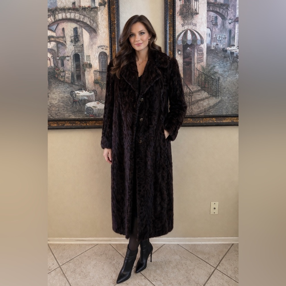 Elegant Neiman Marcus Full Length 47” Ranch Mink Fur Coat Dark Brown Espresso LG